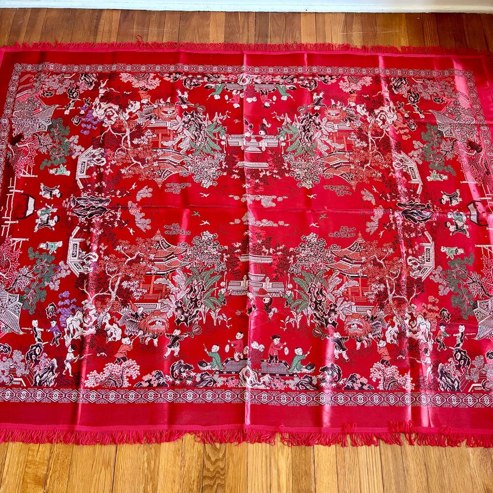Vintage Chinese Scenic Fringed Tablecloth 74x55 Red Satin Brocade Shawl Tapestry